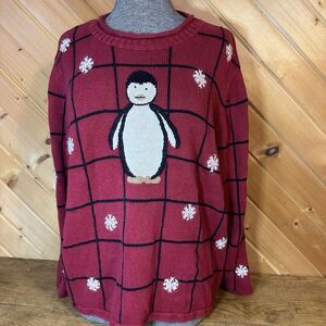 CJ Banks Xmas Sweater Red Penguin Snowflake Women‎ 2XL Embroidered Pullover Vtg
